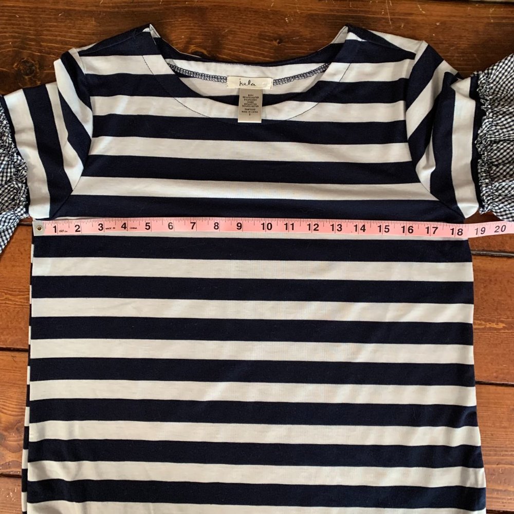 Women's Isela Navy and White Striped Gingham Nautical Ruffled Sleeves Blouse EUC - Picture 9 of 11